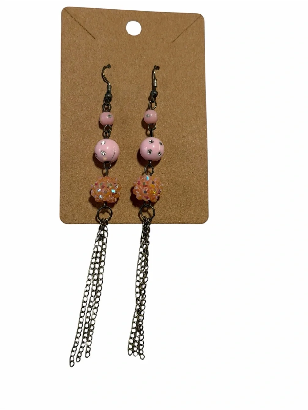 Pink Bead Drop Chain Earrings